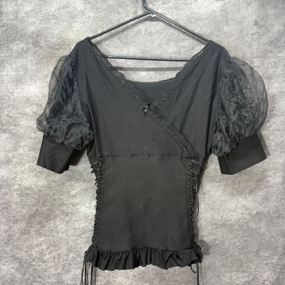 Belle Poque Black Gothic Lace Up Corset Top XL Puff Sleeve Victorian RenFair